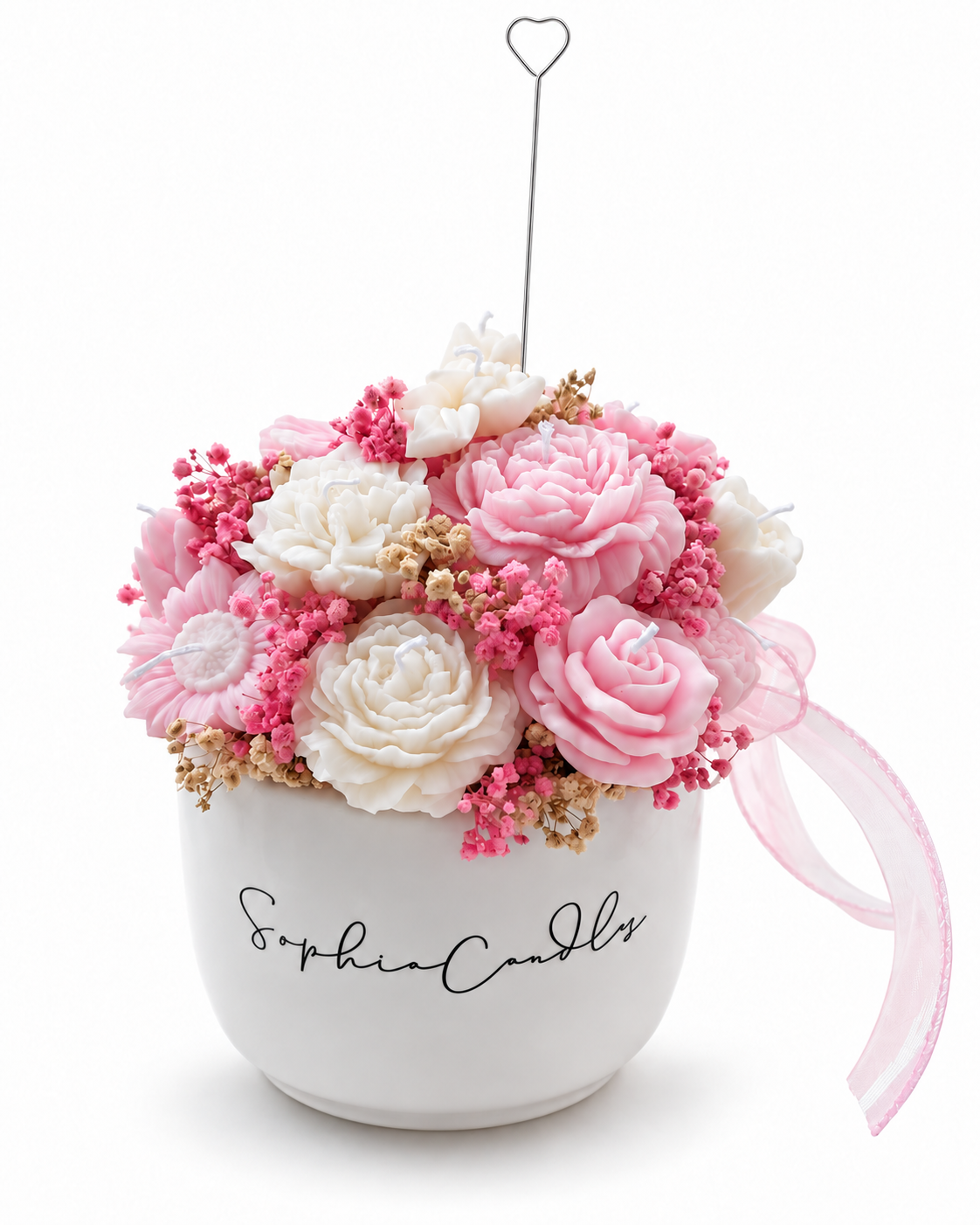 Pink & Ivory Floral Candle Vase — large size with heart-shaped card holder