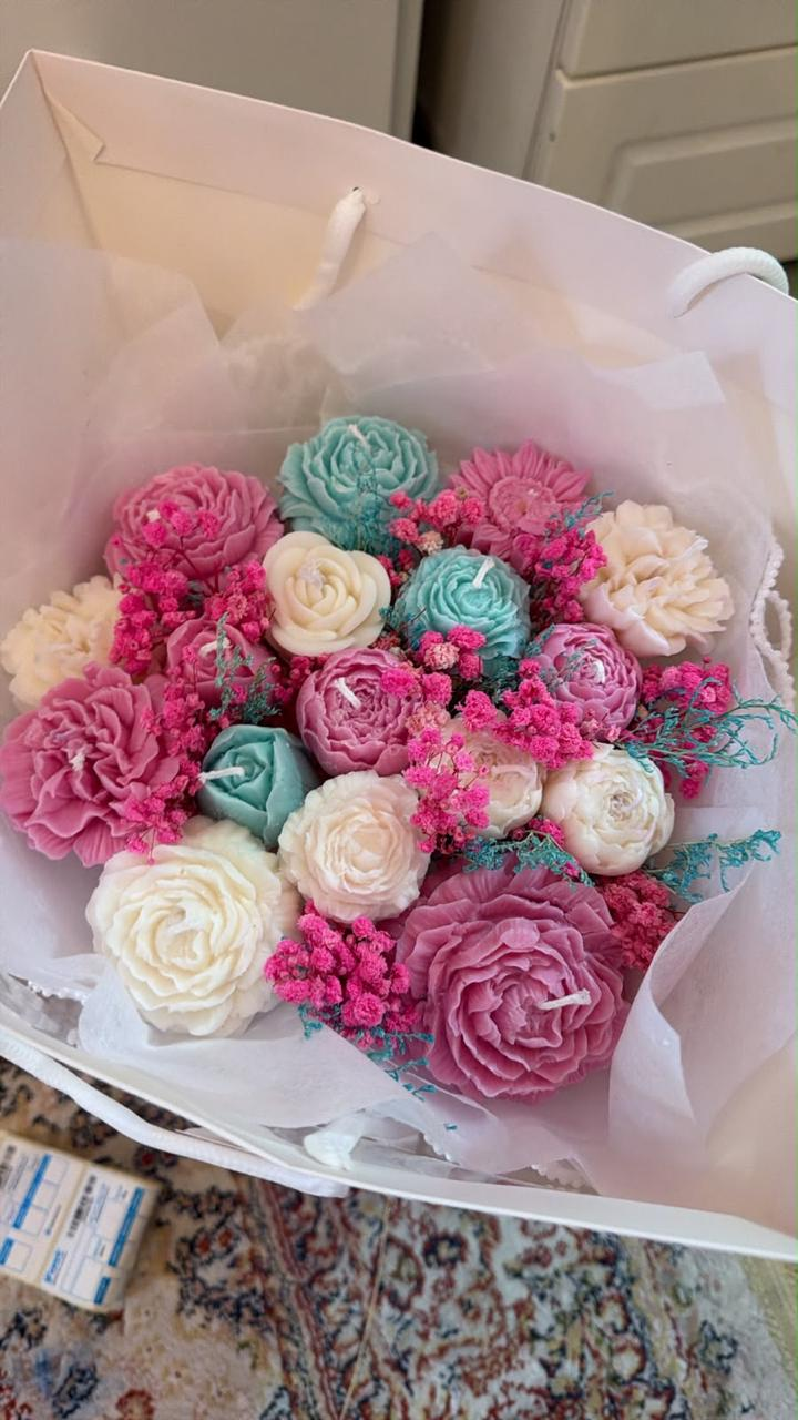 Pink ivory and aqua handmade candle bouquet