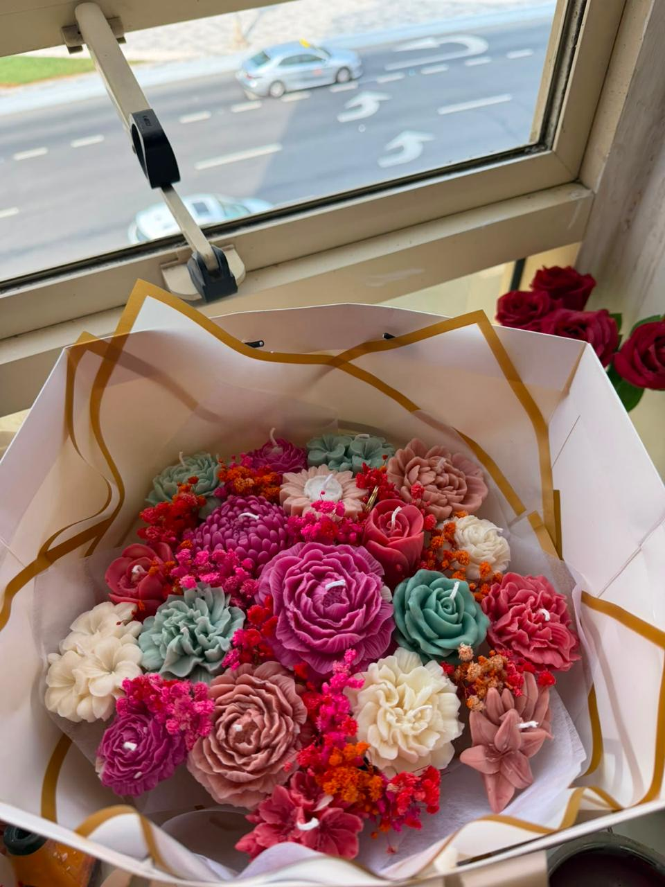 Magenta teal taupe and ivory candle bouquet