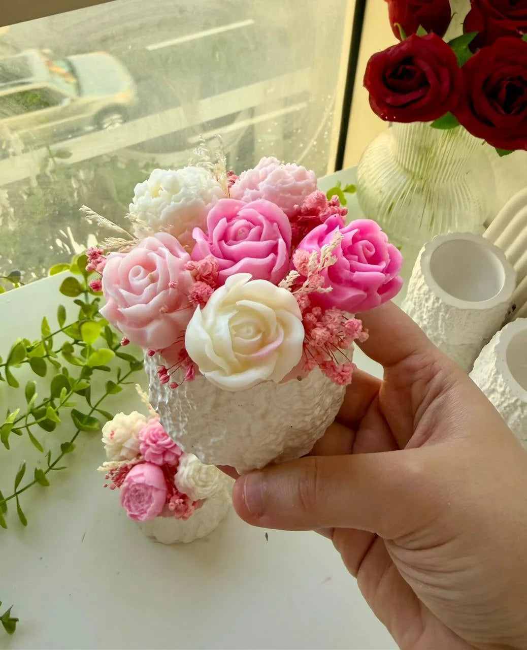 Small pink and ivory flower candle posy