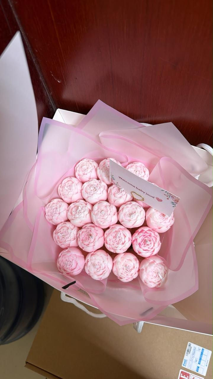Monochrome pale pink peony candle bouquet