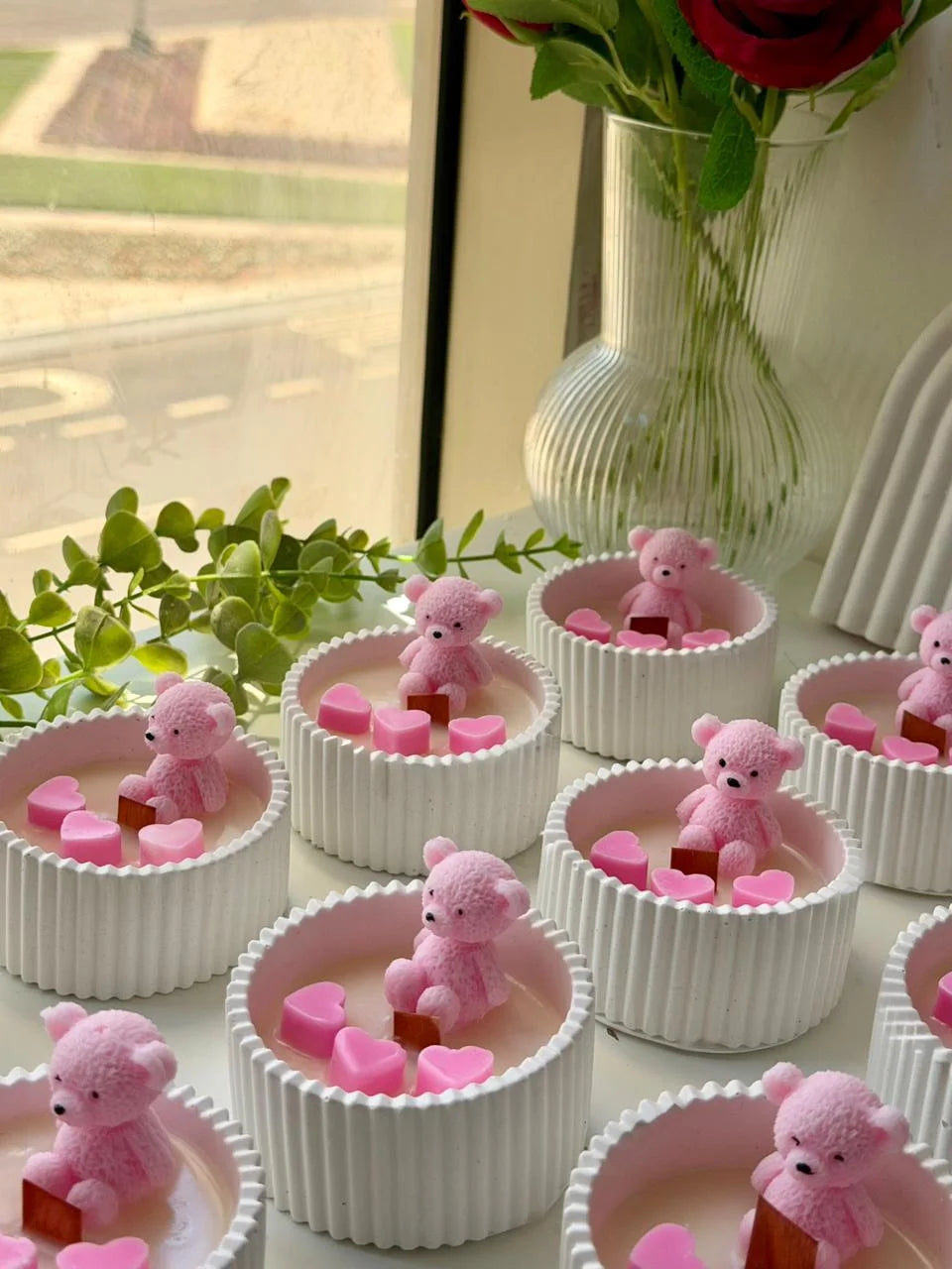 Pink teddy candle jars with heart details