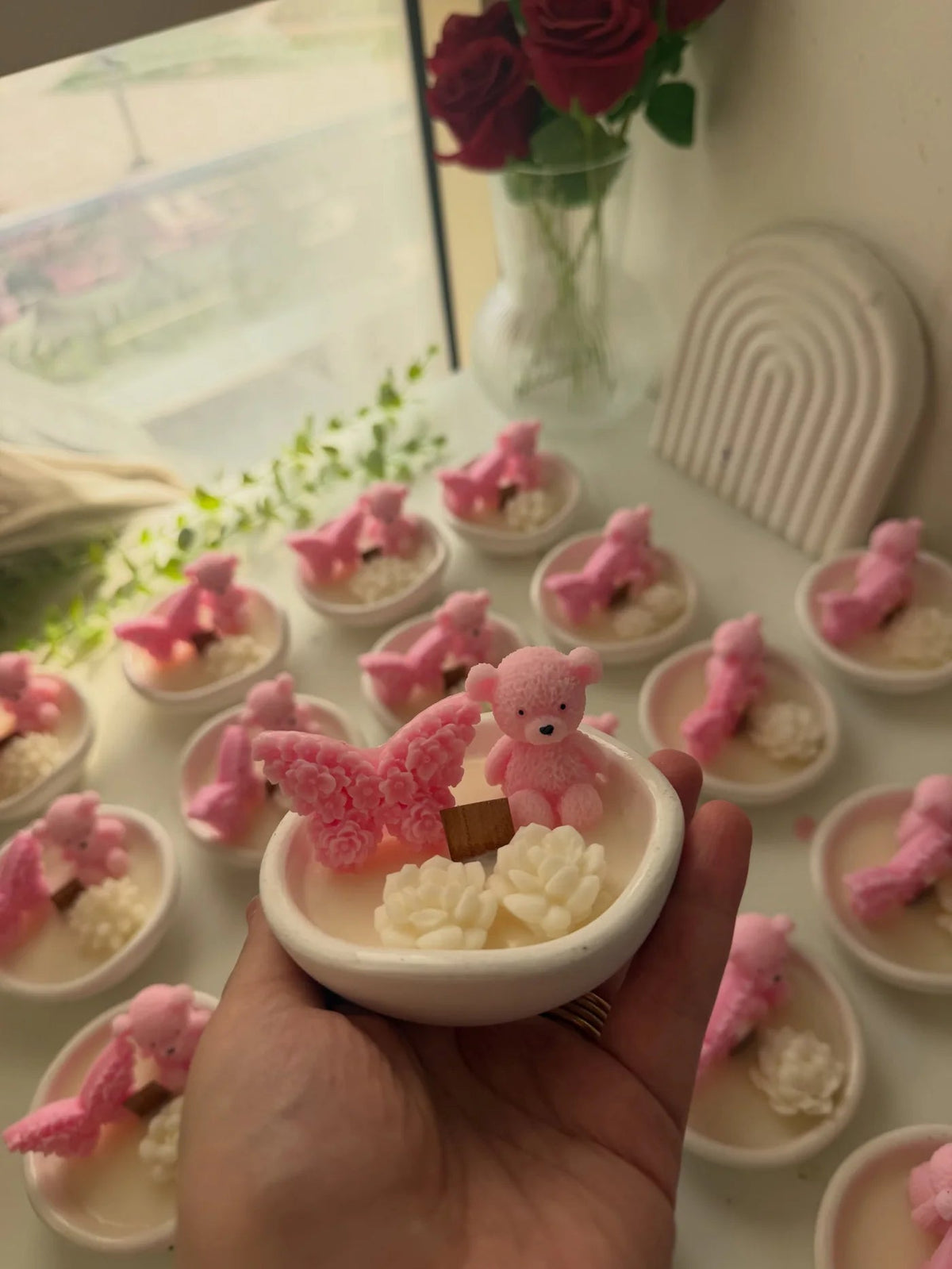 Pink teddy and butterfly newborn candle bowl