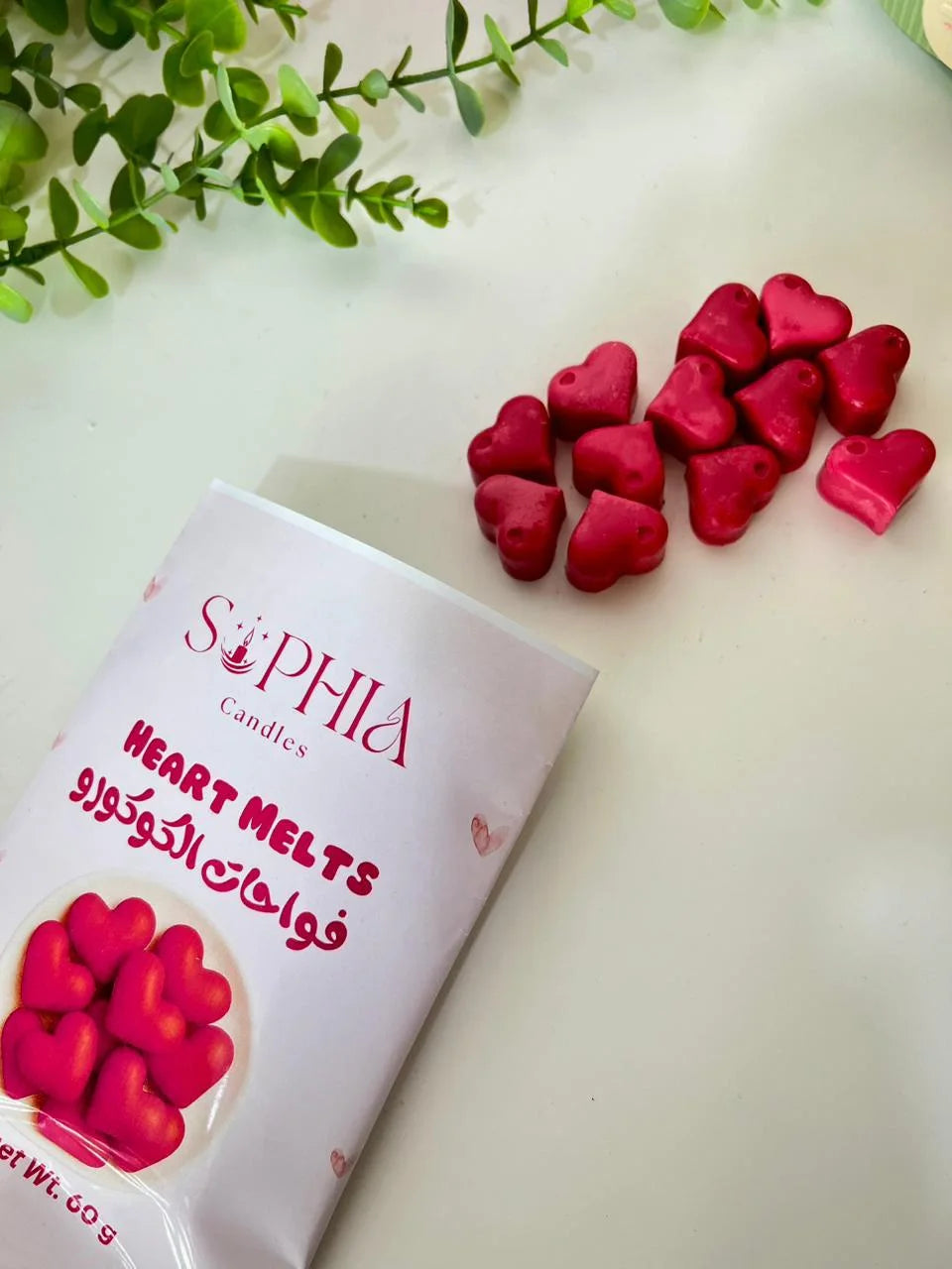 Pink heart shaped wax melts in Sophia packaging