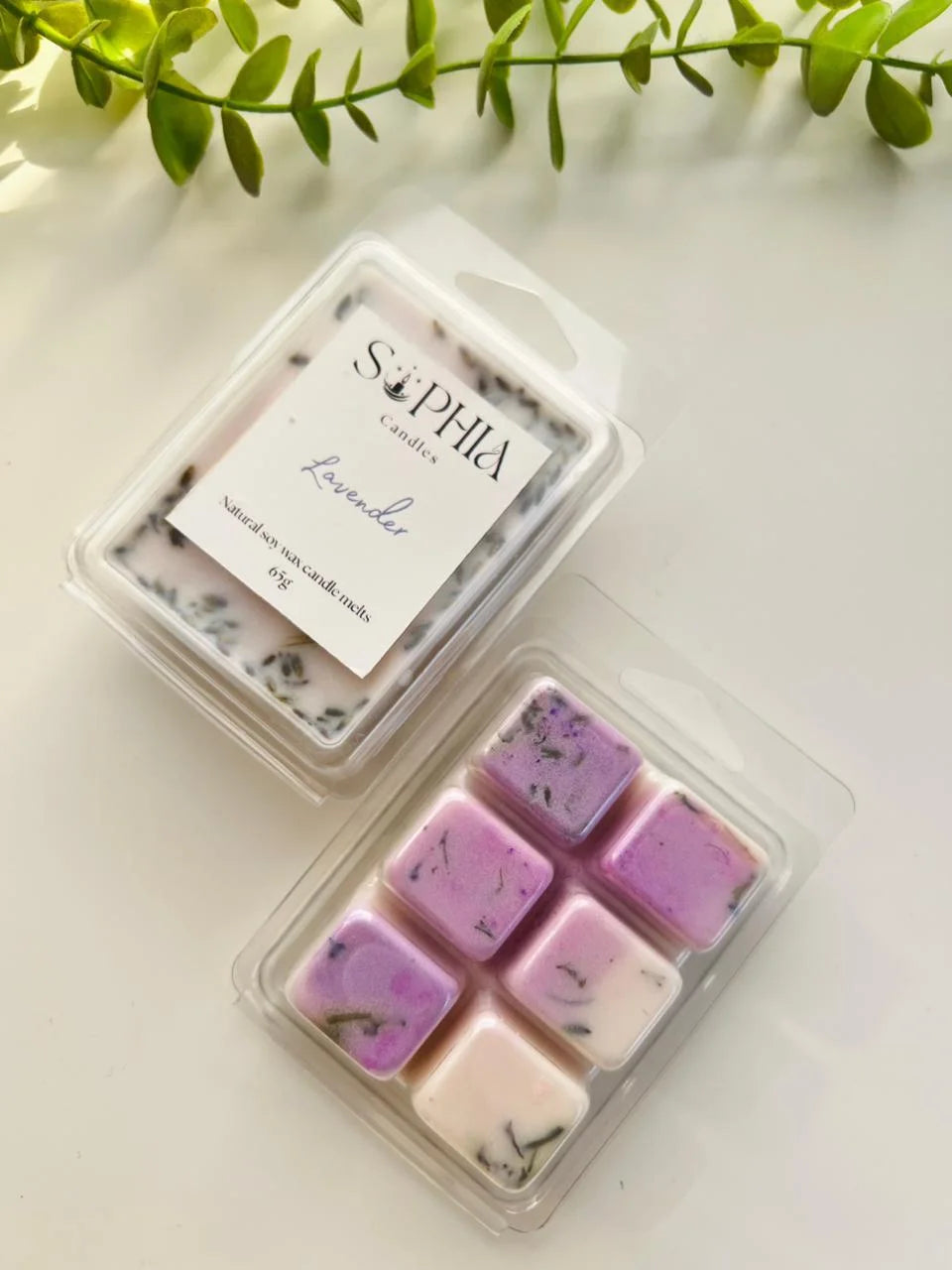 Sophia Lavender natural soy wax candle melts 75g in clear clamshell packaging