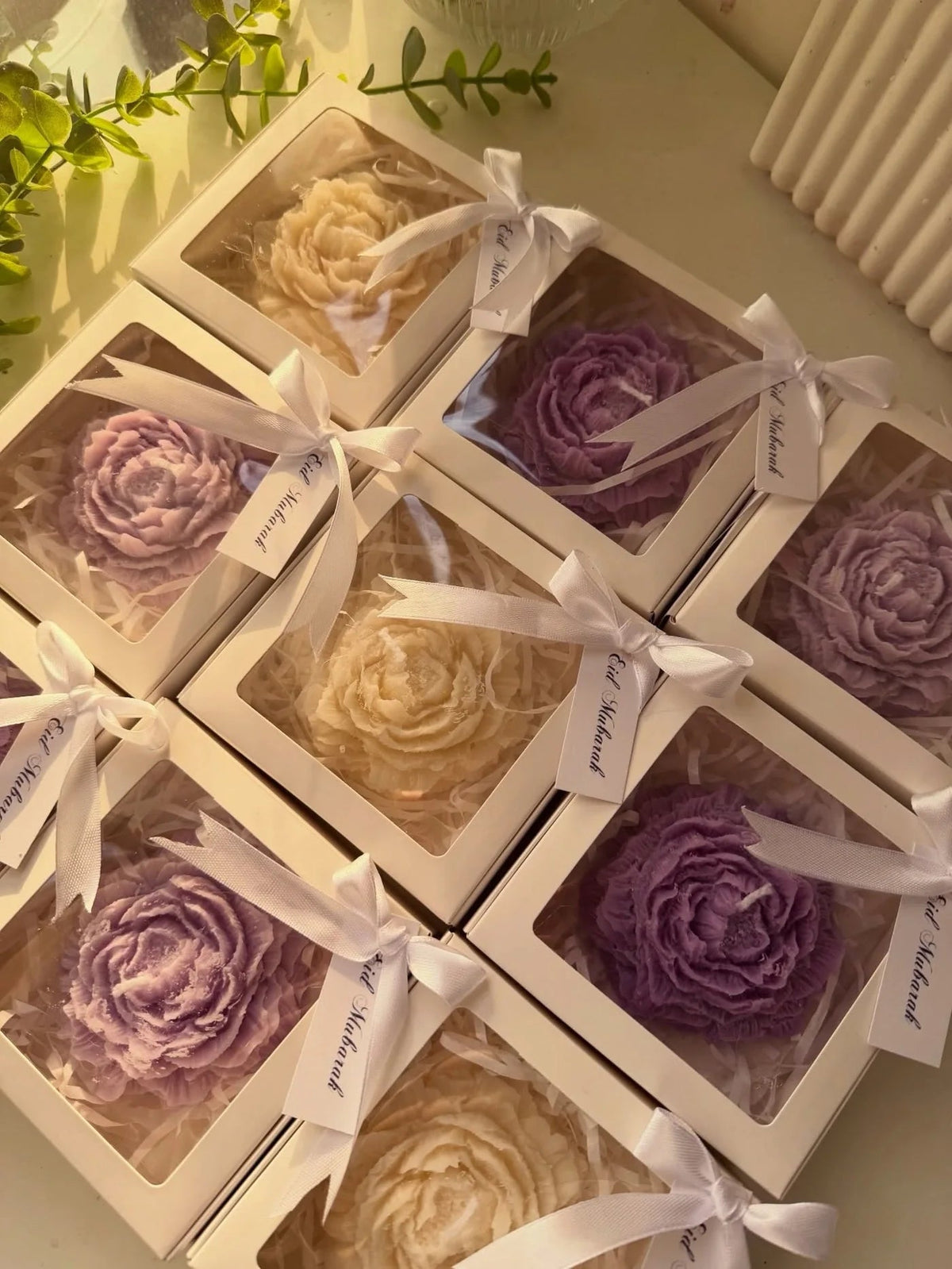 Peony candle in an elegant window gift box