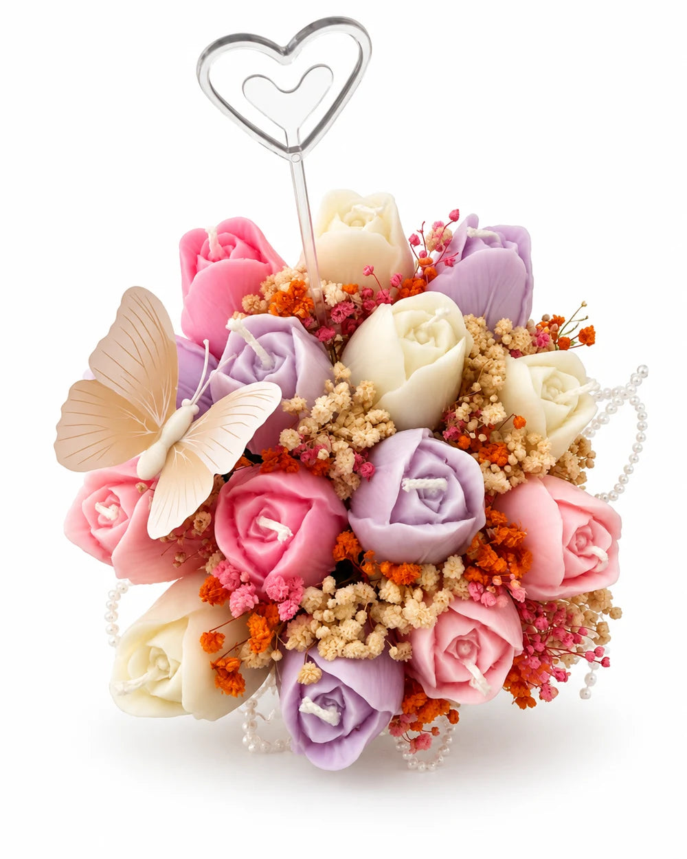 Pastel rose candle bouquet with butterfly detail
