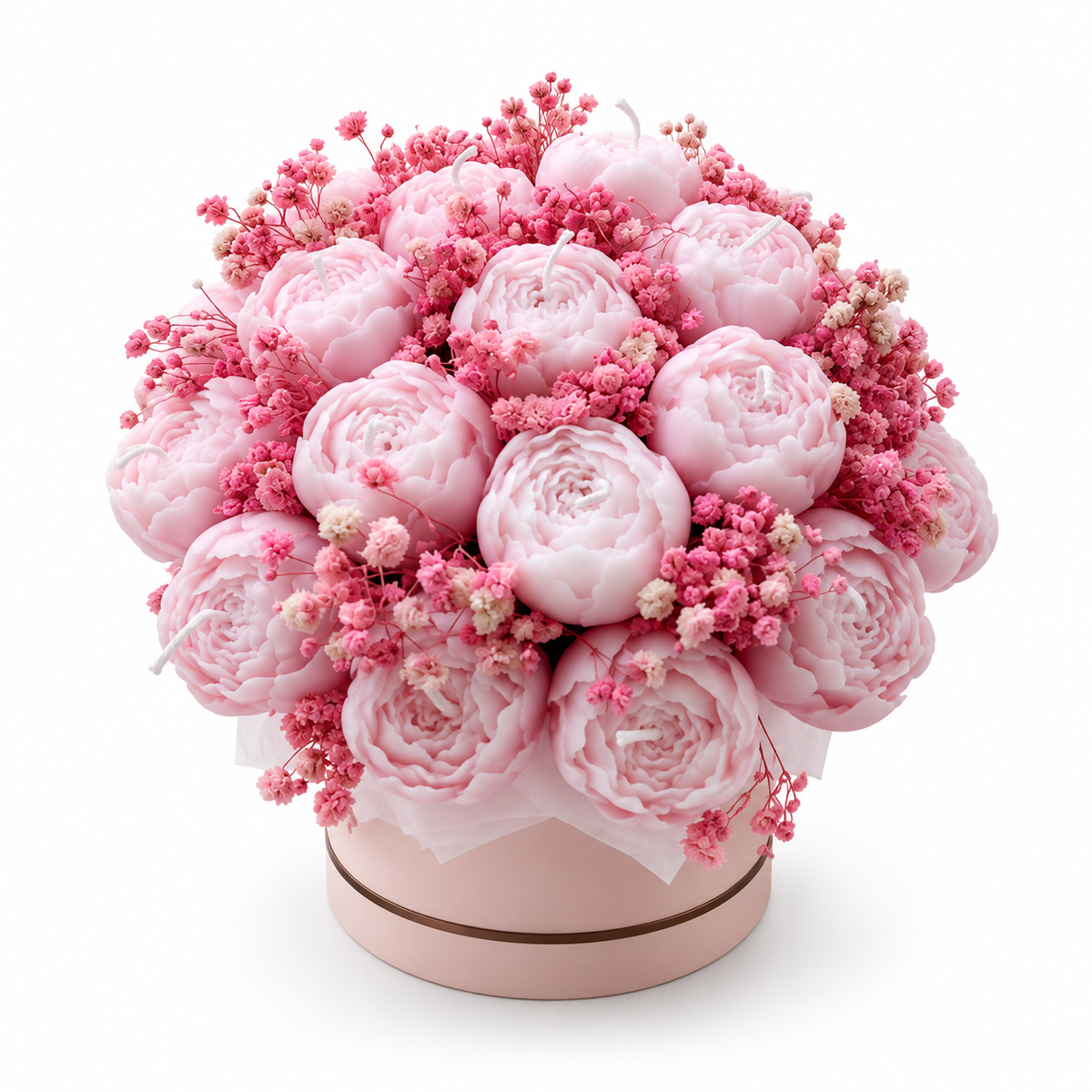 Pale pink peony wax flowers in a round hatbox