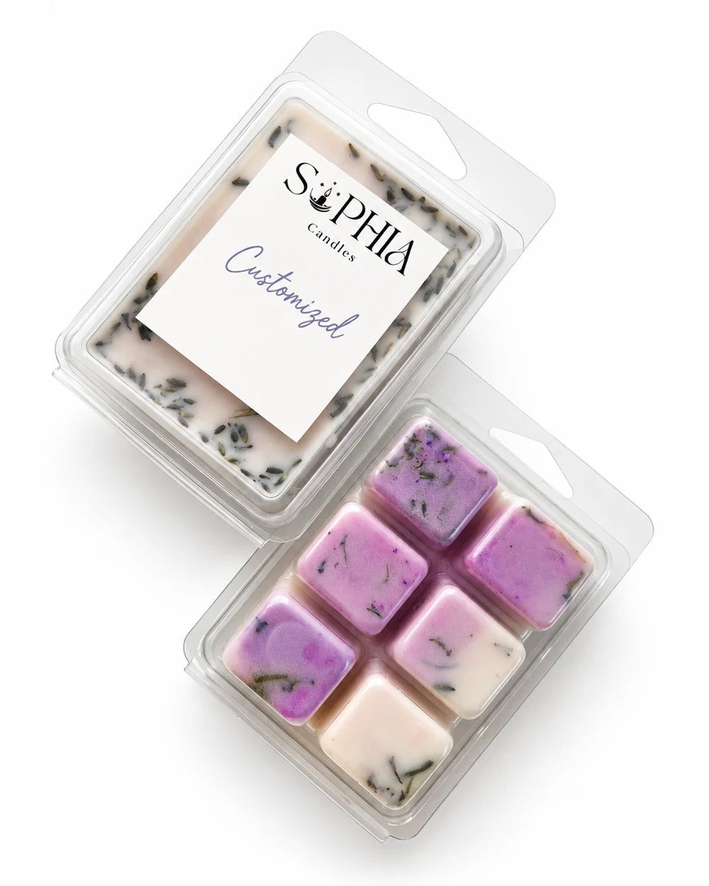 Sophia Lavender natural soy wax candle melts 75g in clear clamshell packaging