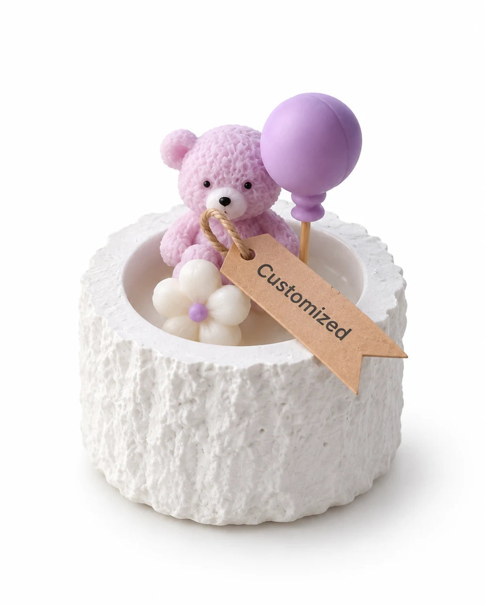 Lilac teddy and balloon newborn candle favor in a textured white bowl
