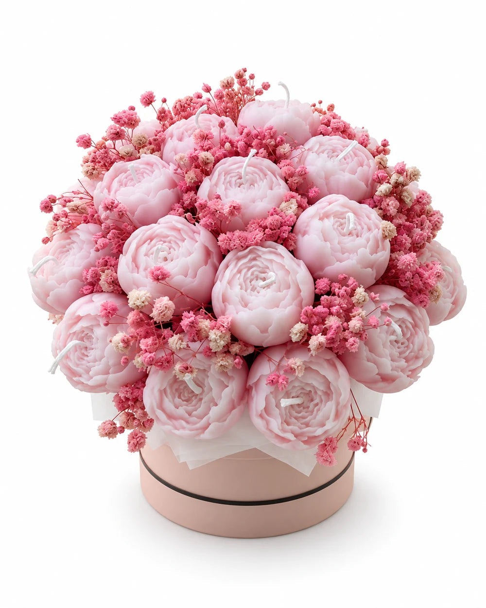 Pink peony shaped candles arranged as a bouquet