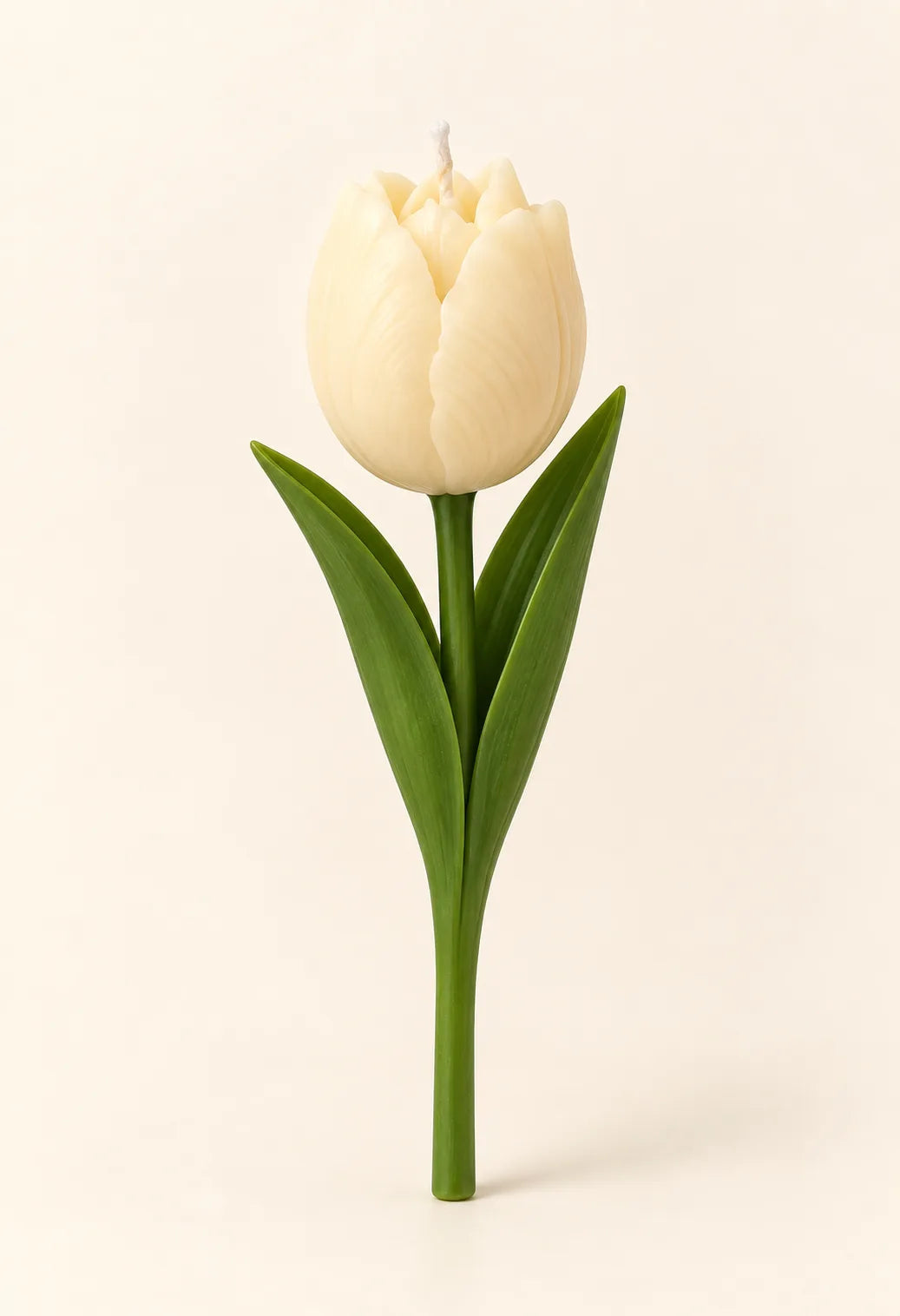 Single white tulip candle on a green stem