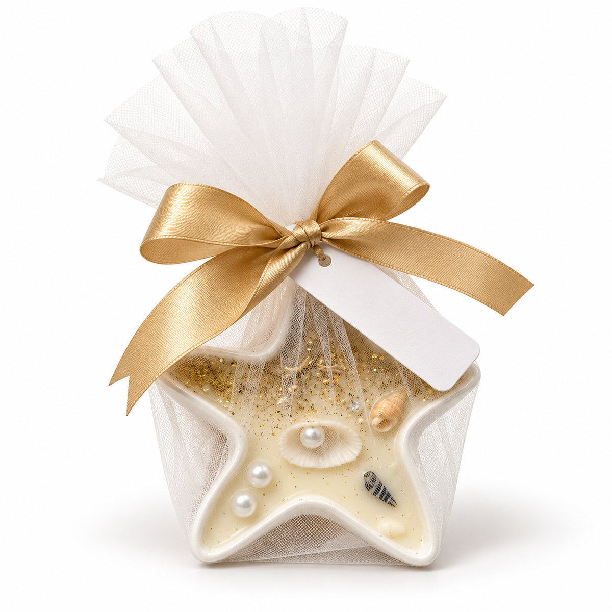 Aqua starfish candle favor with blue glitter, shells, and pearls