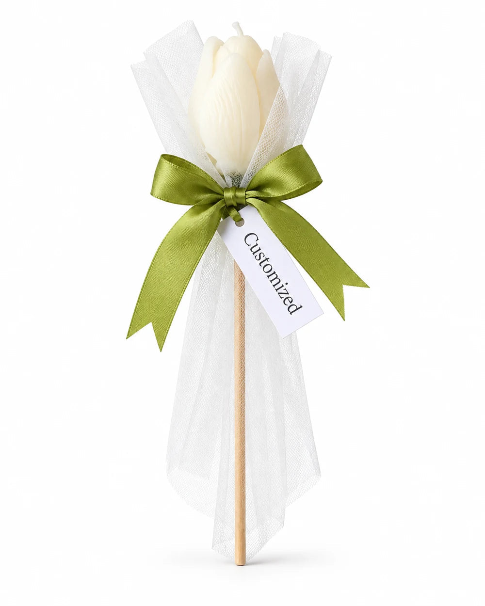 Ivory tulip candle favors with olive green ribbons and customized tags