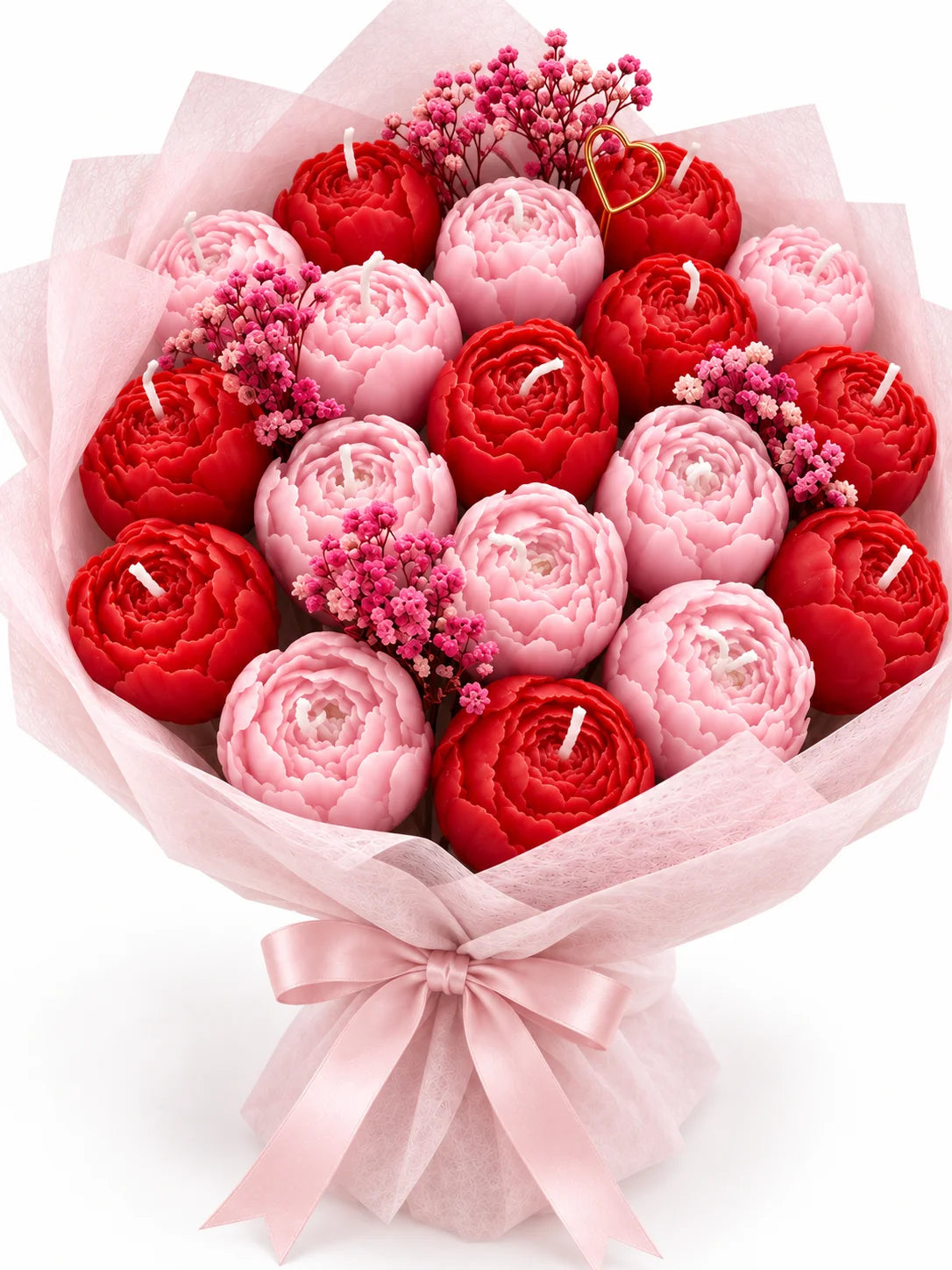 Red & Blush Peony Candle Bouquet — actual arrangement