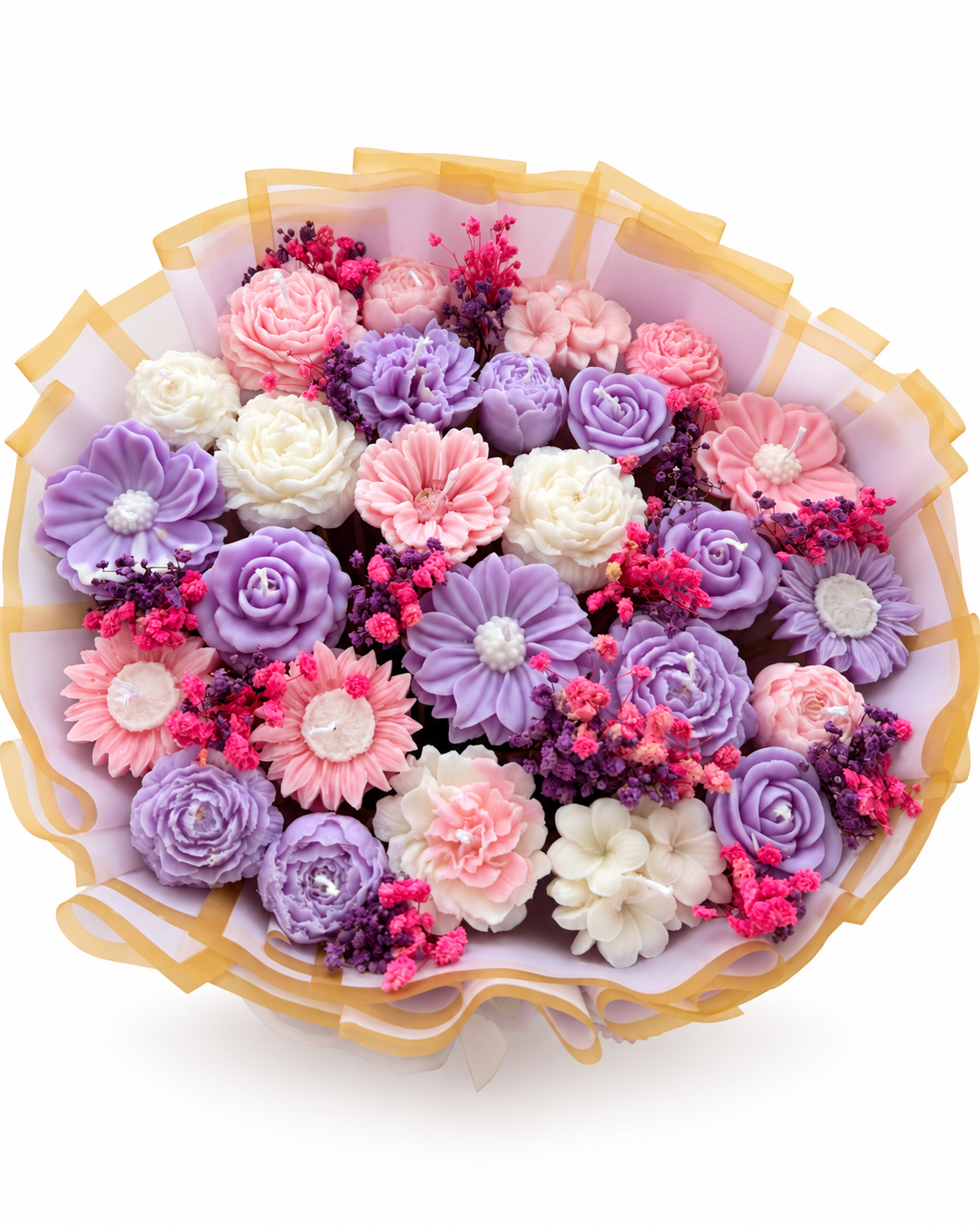 Lilac, blush pink, and ivory floral candle bouquet with gold-edged wrapping on a white background
