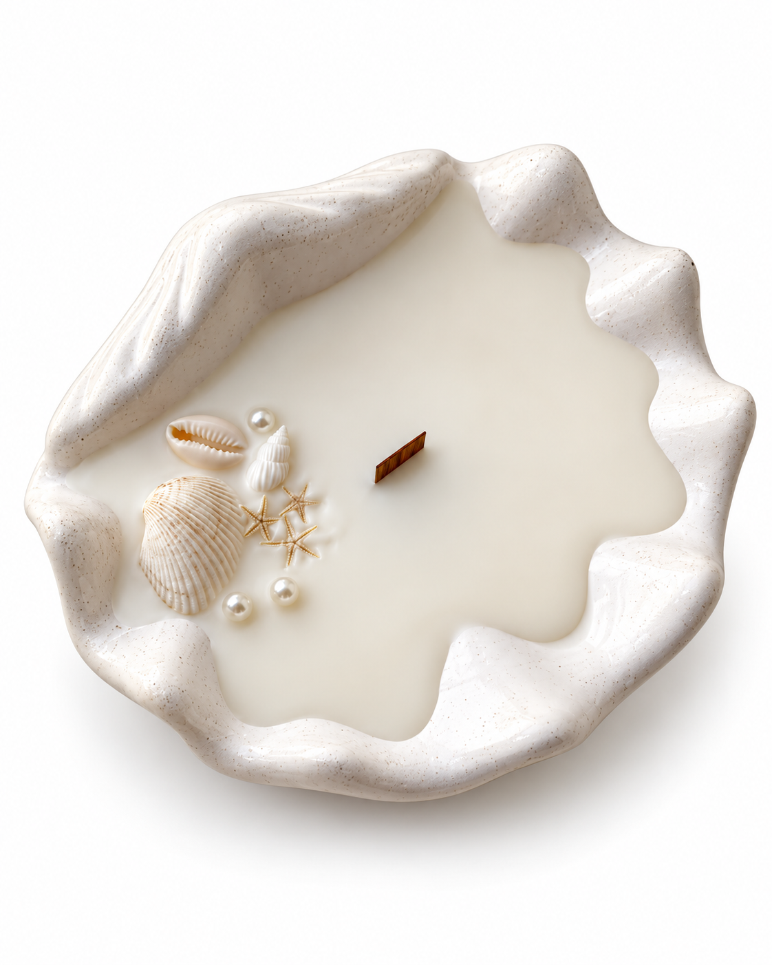 Large ivory open clam-shell candle with a wooden wick, miniature shells, starfish, and pearls on a white background