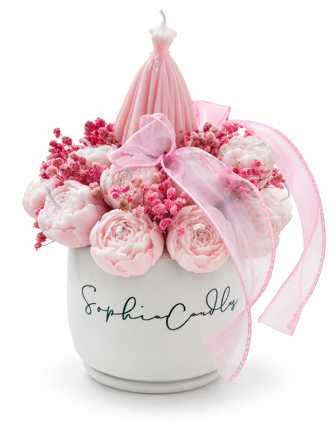 Pink and ivory floral candle arrangement in a Sophia Candles vase, small size